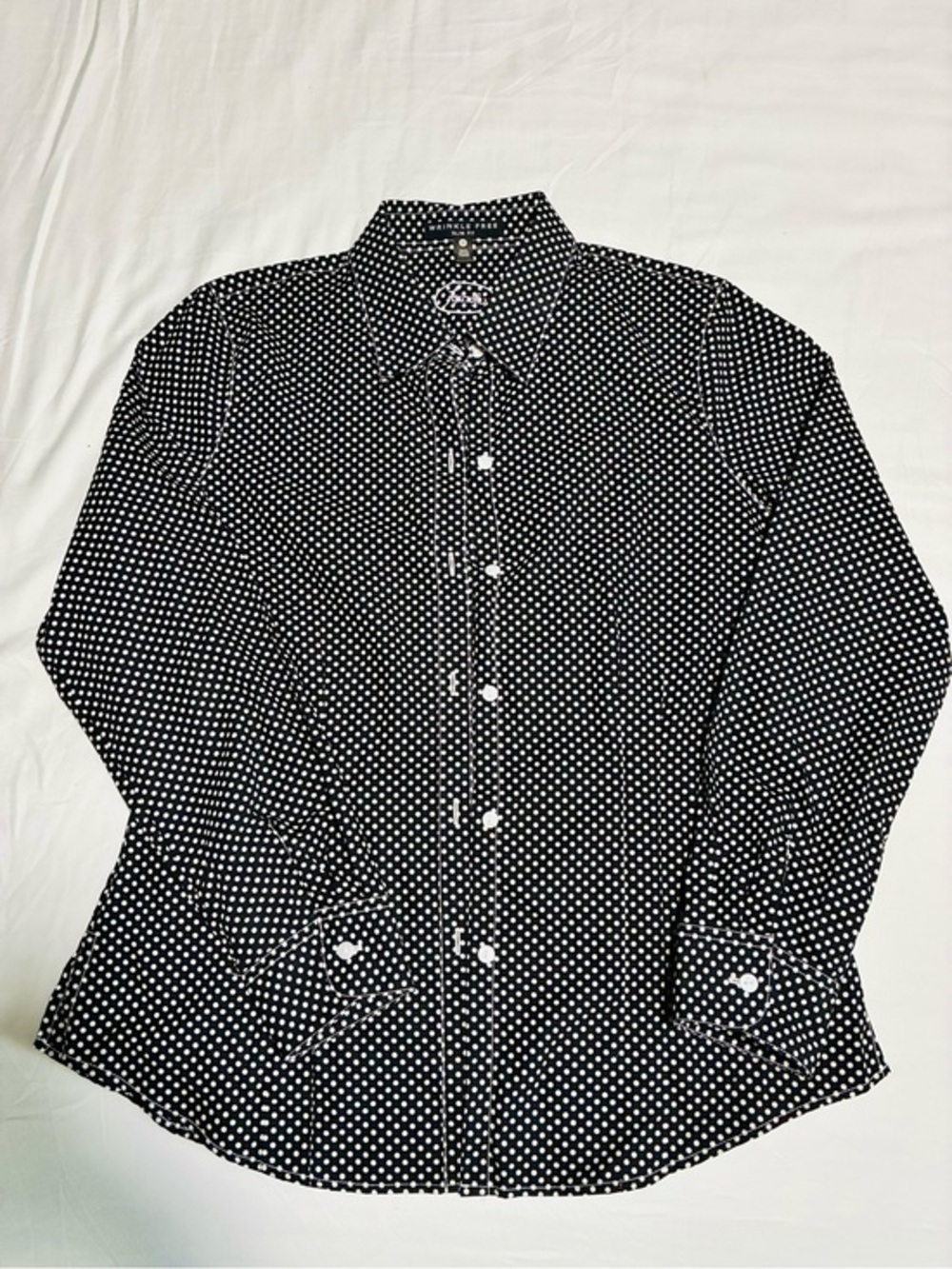 Foxcroft 10 Black & White Polka Dot Wrinkle Free Slim Fit Button-Down Shirt 90s
